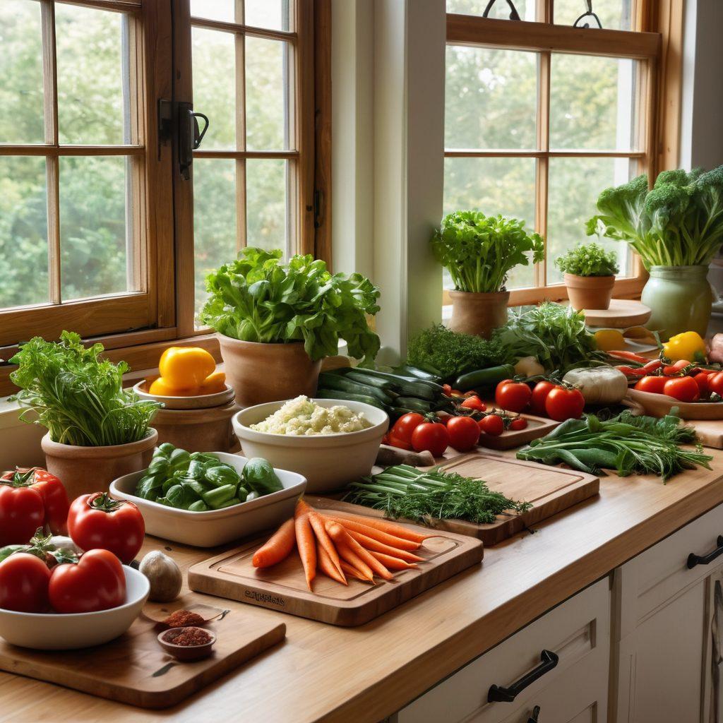 A beautifully arranged kitchen countertop filled with organic ingredients like fresh vegetables, herbs, and gourmet spices. Incorporate rustic wooden cutting boards, an array of colorful meal prep containers, and an open recipe book showcasing simple organic recipes. Soft natural light flows in through a window, casting gentle shadows to enhance the cozy atmosphere. vibrant colors. super-realistic. warm tones.