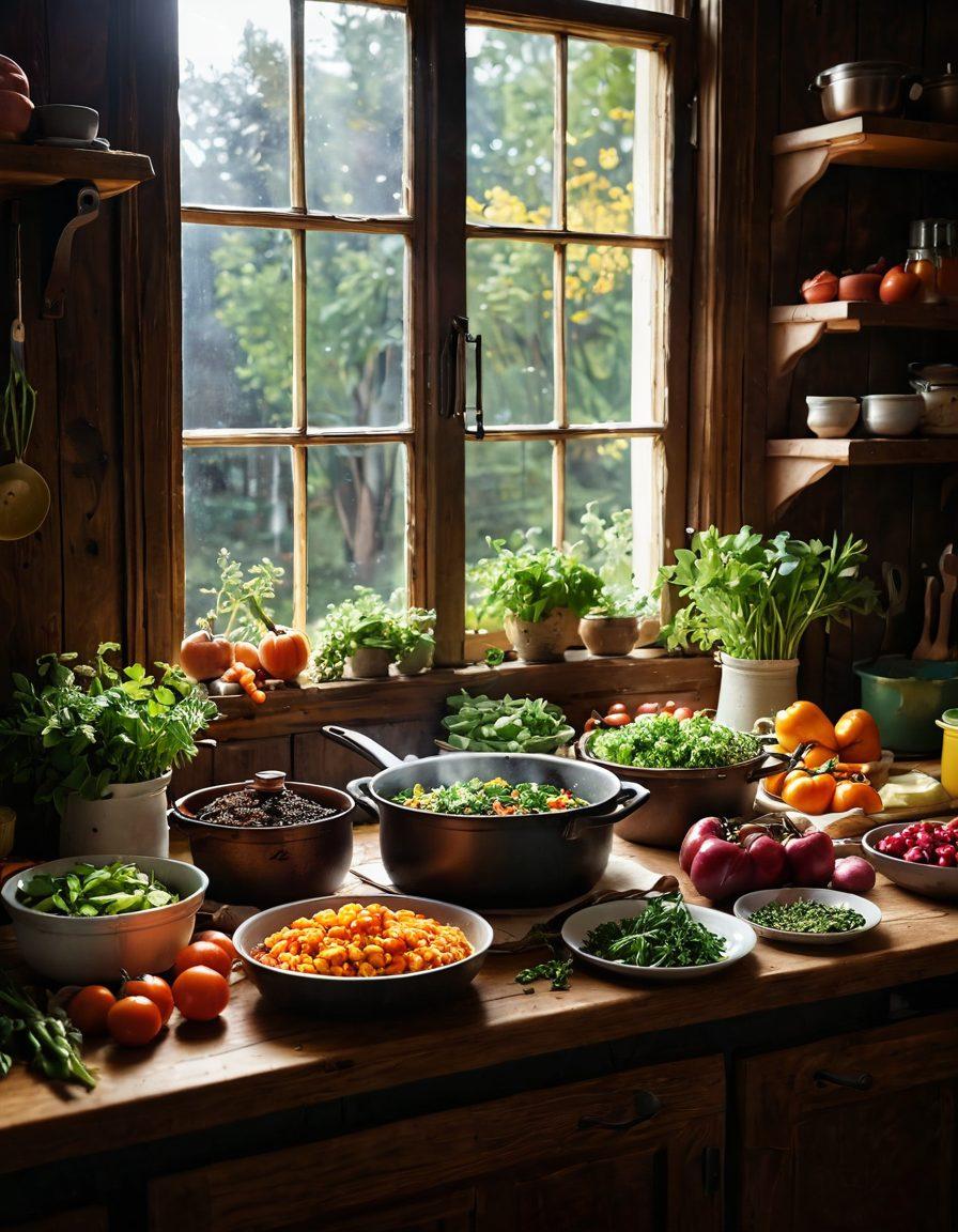 A cozy kitchen scene showcasing a vibrant seasonal spread with colorful vegetables, fresh herbs, and wholesome grains arranged artistically on a wooden table. A steaming pot on the stove surrounded by open recipe books, a window letting in warm sunlight, and an inviting atmosphere that inspires creativity in cooking and nutrition. super-realistic. vibrant colors. warm lighting.