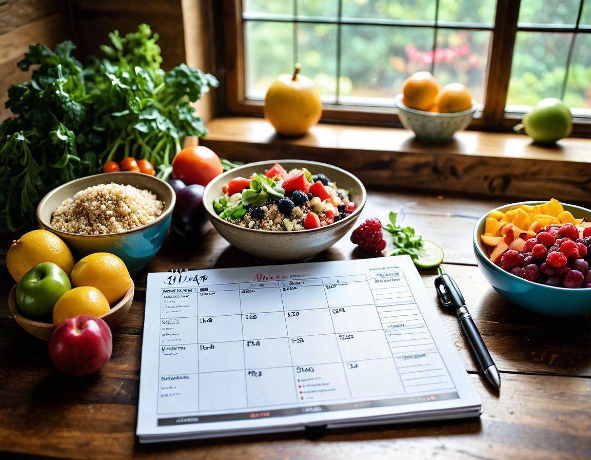 A beautifully organized weekly meal planner laid out on a rustic wooden table, surrounded by vibrant fresh fruits and vegetables, a colorful bowl of quinoa salad, and a laptop displaying healthy recipes. Soft natural lighting filters through a window, creating a warm and inviting atmosphere. Include motivational words or quotes subtly in the background. super-realistic. vibrant colors. warm tones.